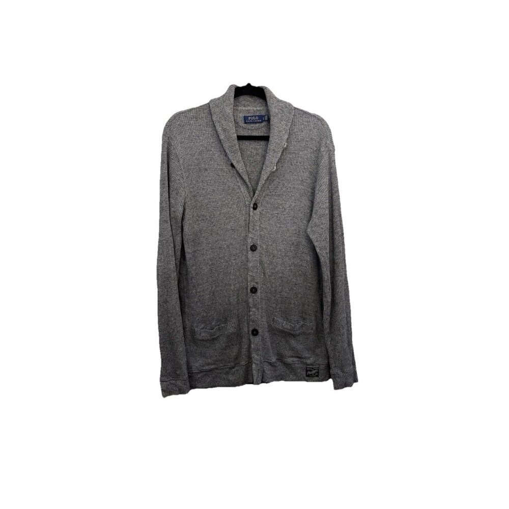 Polo Ralph Lauren Waffle Knit Gray Cardigan Collared Button Up Men large Grandpa
